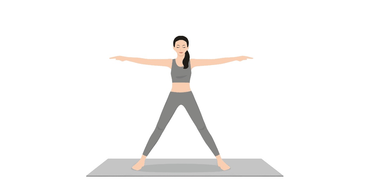 In Five-Pointed Star Pose, a transitional pose, stand with your feet wide, legs straight, and arms outstretched at shoulder level