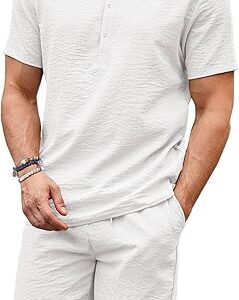 COOFANDY Men's Linen Henley Shirt Set